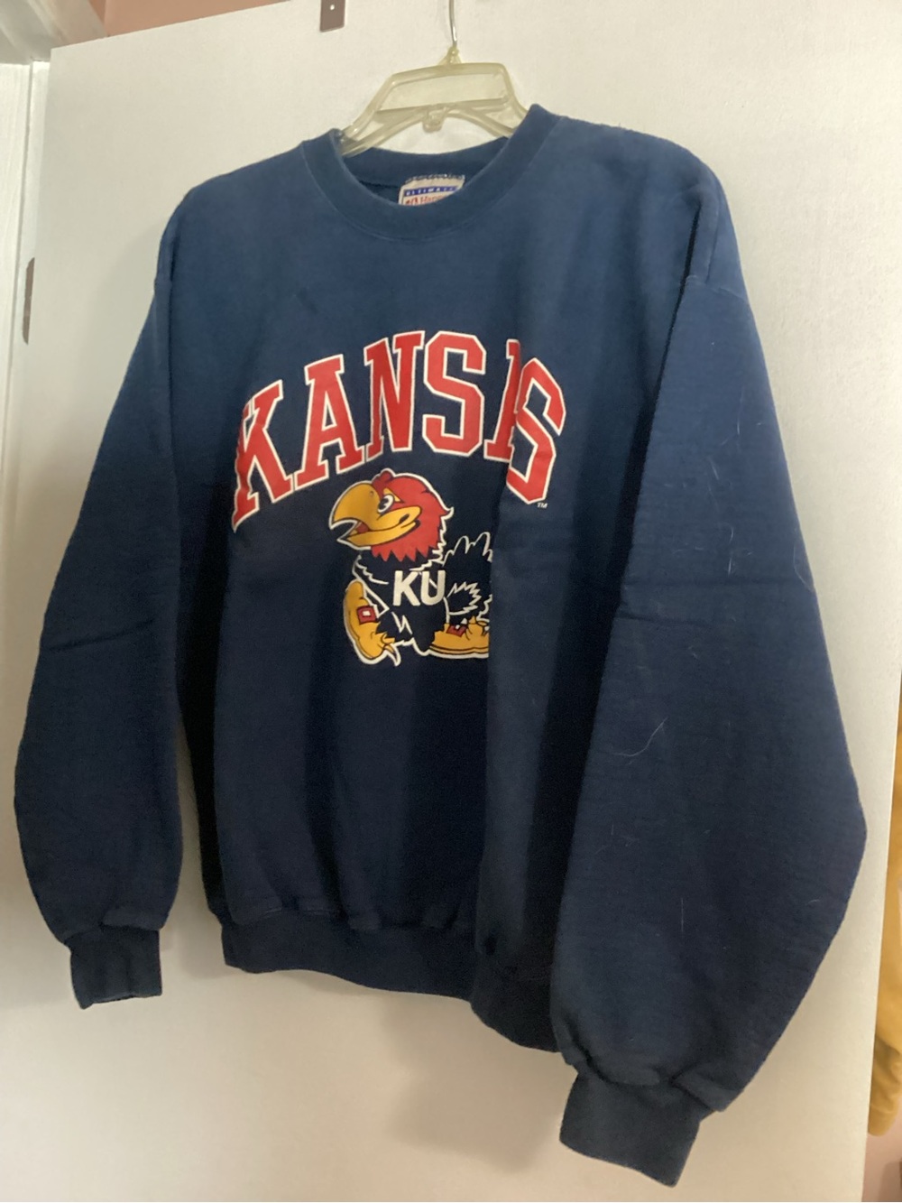 Hanes Navy Crewneck Sweatshirt with Red Kansas Script and Jayhawk